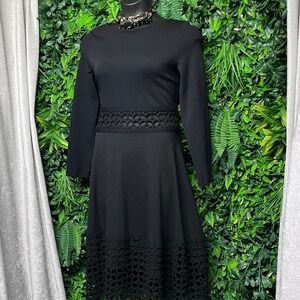 Lela Rose Dress Size 16 Black Lace Cutout Waist Hem Long Sleeve A-Line Midi 3770